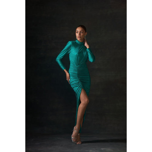 House of Exotique Green Long Swarovski Drape Dress with A Side Slit