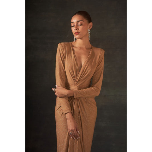 House of Exotique Golden Long Gown with A Drape and Center Slit