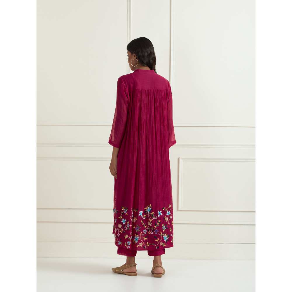 Ikshita Choudhary Magenta Hand Embroidered Chanderi Kurta with Pants (Set of 2)