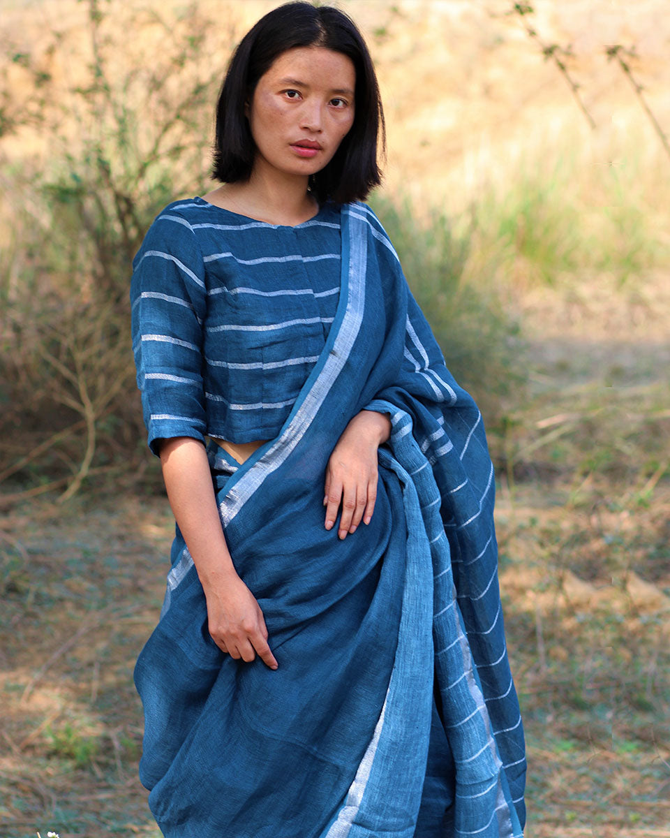 Chidiyaa Blue Linen Saree with Unstitched Blouse