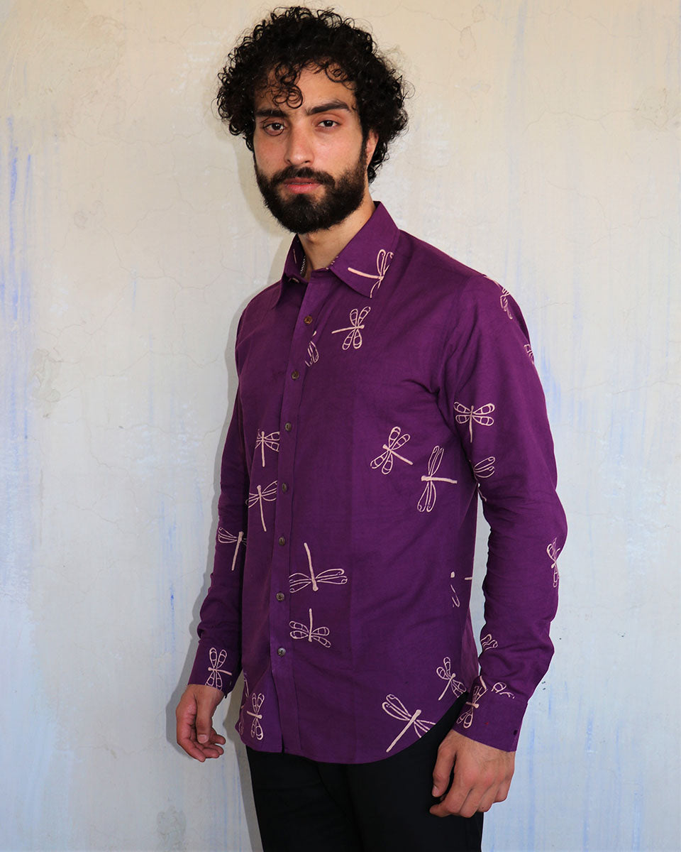 Chidiyaa Aubergine Dragonfly Block Printed Shirt