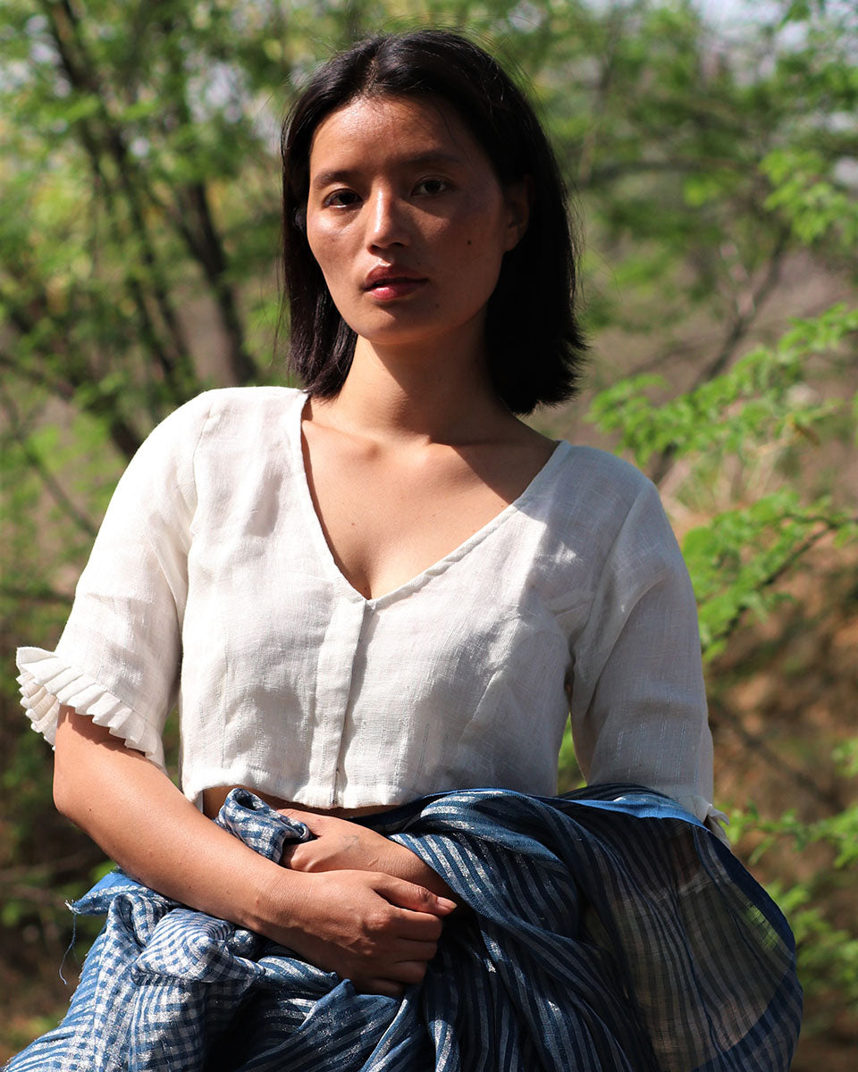 Chidiyaa Blue Handwoven Linen Zari Stitched Blouse