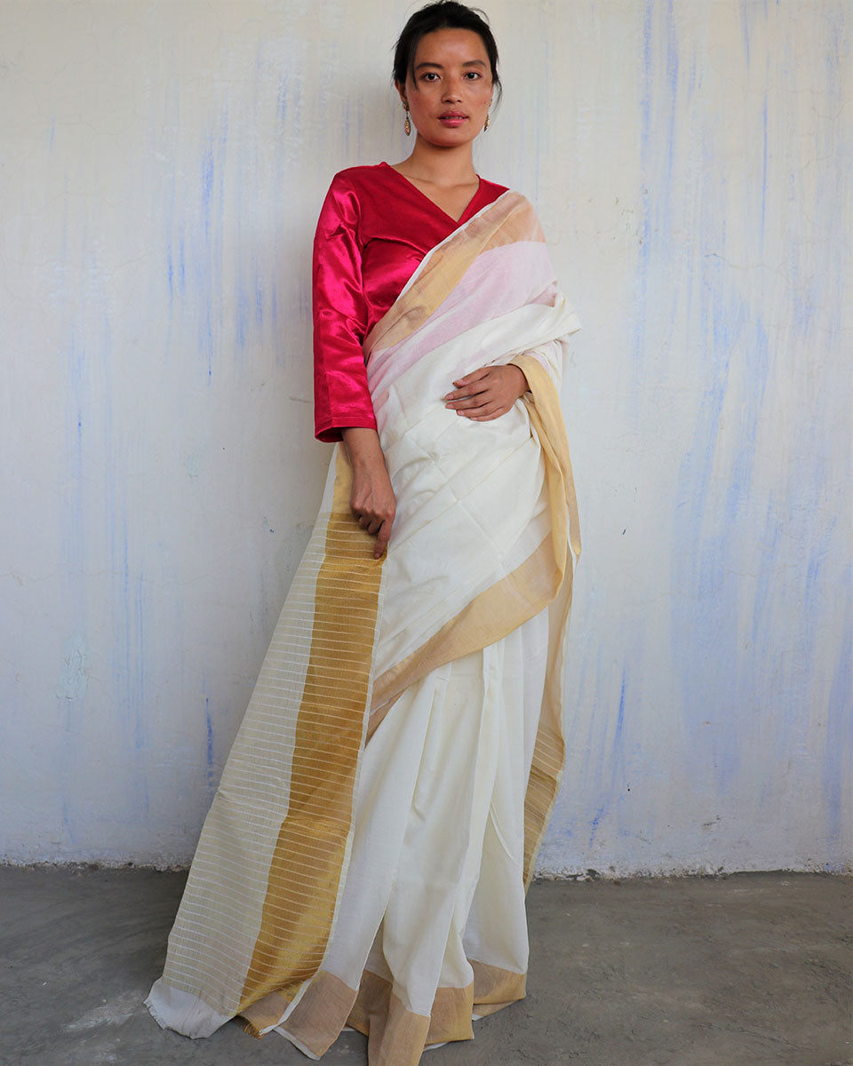 Chidiyaa White Handwoven Cotton Zari Saree Sahar with Unstitched Blouse