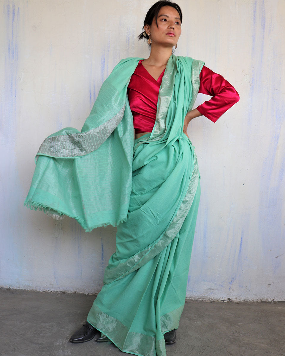 Chidiyaa Green Handwoven Cotton Zari Saree Sahar with Unstitched Blouse
