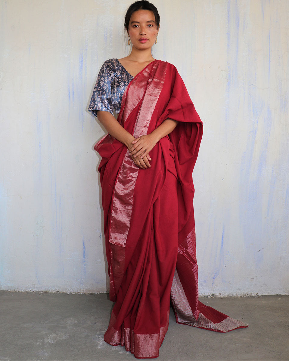 Chidiyaa Marron Handwoven Cotton Zari Saree Sahar with Unstitched Blouse