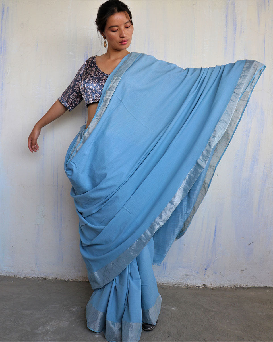 Chidiyaa Blue Handwoven Cotton Zari Saree Sahar with Unstitched Blouse