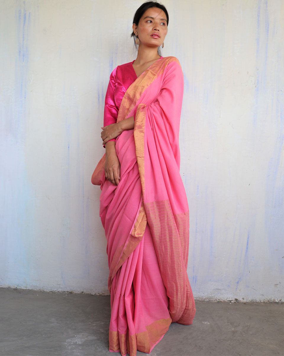 Chidiyaa Light Pink Handwoven Cotton Zari Saree Sahar with Unstitched Blouse