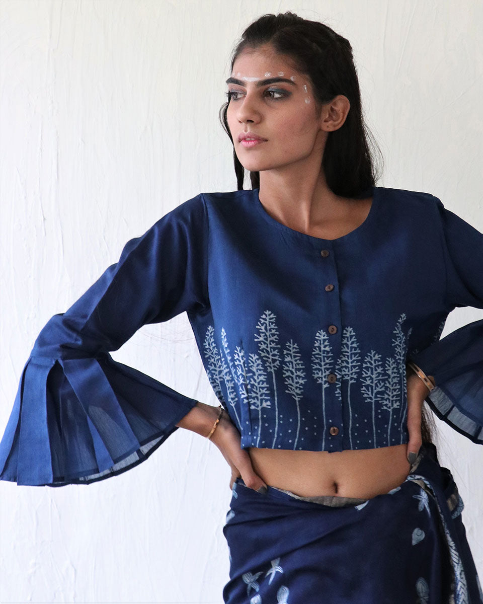 Chidiyaa Indigo Conifer Block Printed Chanderi Frill Blouse - Ubs
