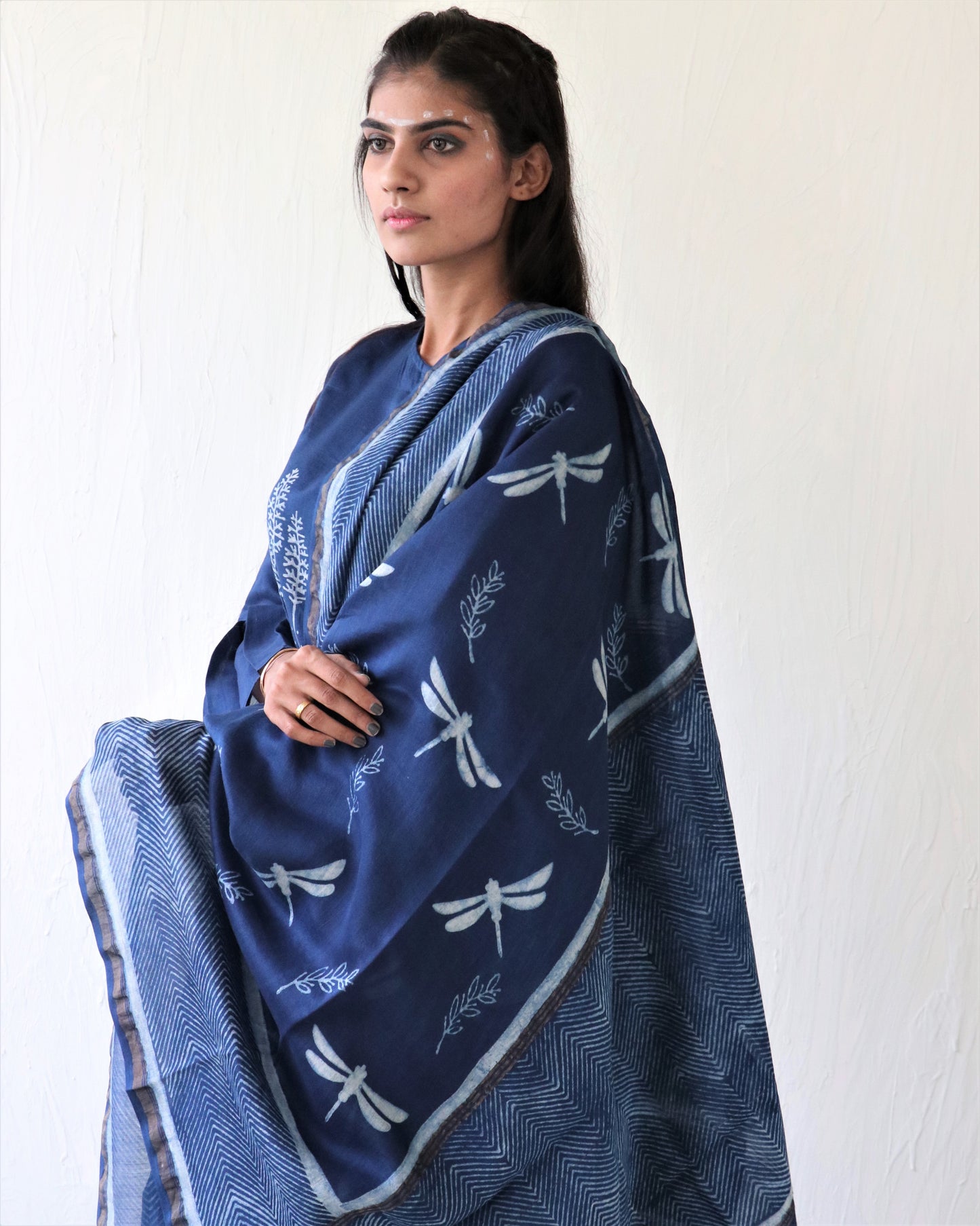 Chidiyaa Indigo Dragonfly Block Printed Chanderi Saree with Unstitched Blouse - Ubs