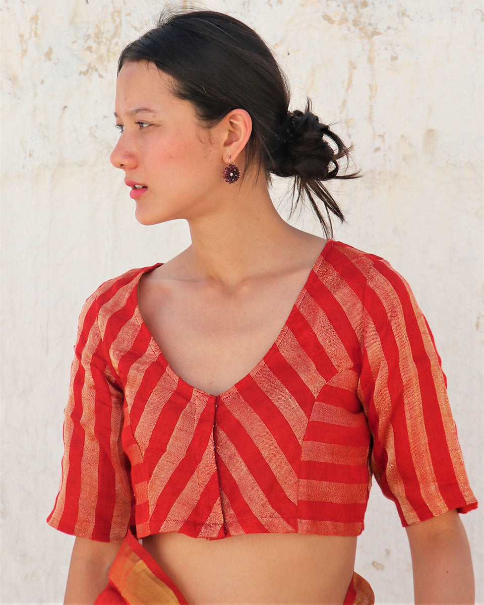 Chidiyaa Red Handwoven Linen Zari Stitched Blouse
