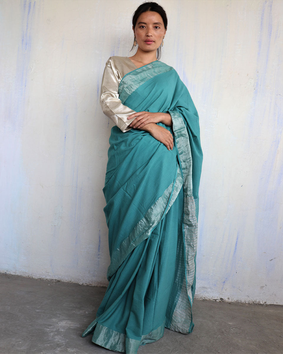 Chidiyaa Turquoise Handwoven Cotton Zari Saree Sahar with Unstitched Blouse