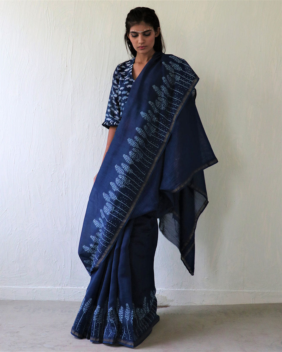 Chidiyaa Indigo Conifer Block Printed Chanderi Saree with Unstitched Blouse - Ubs