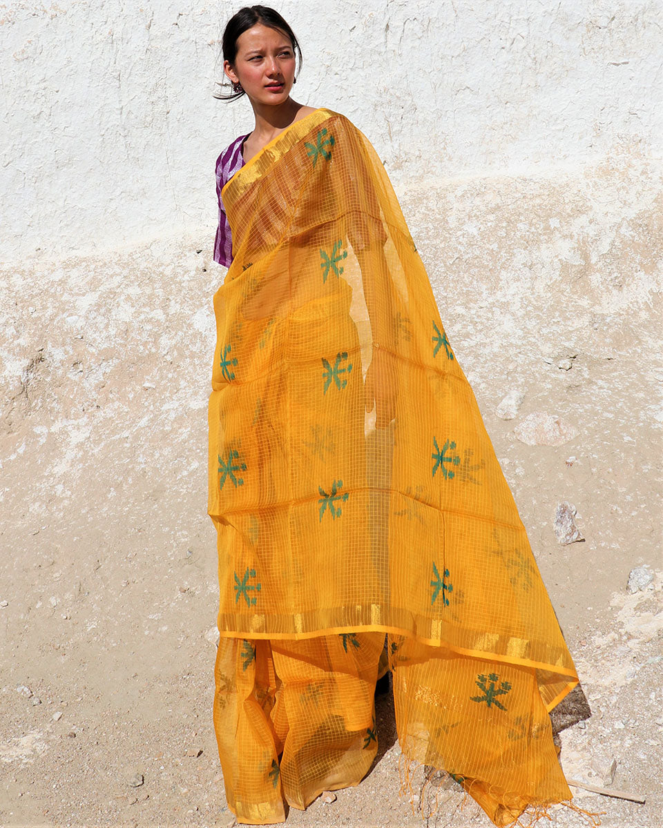 Chidiyaa Mustard Handwoven Jamdani Silk Saree with Unstitched Blouse
