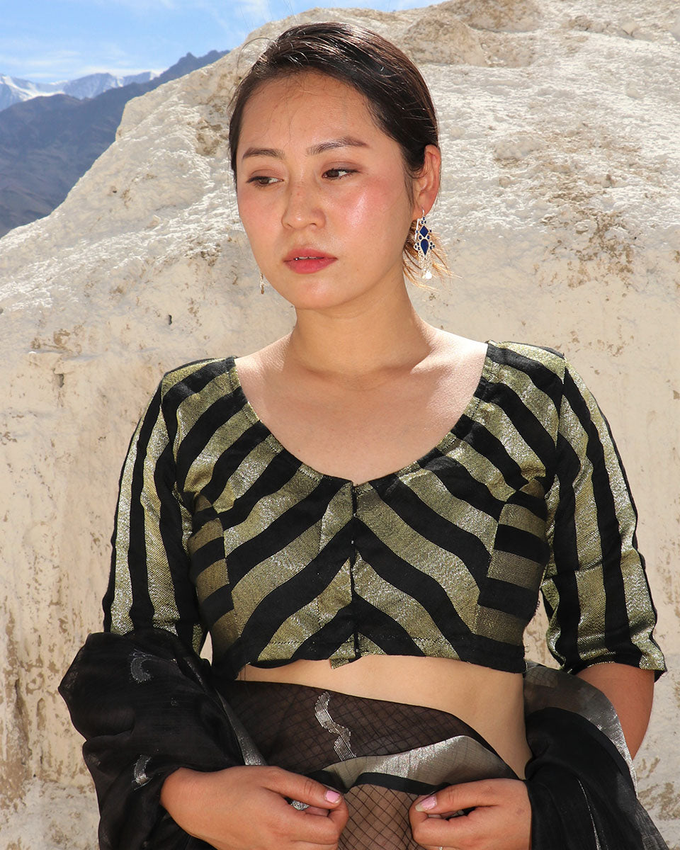 Chidiyaa Black Gold Handwoven Linen Zari Stitched Blouse