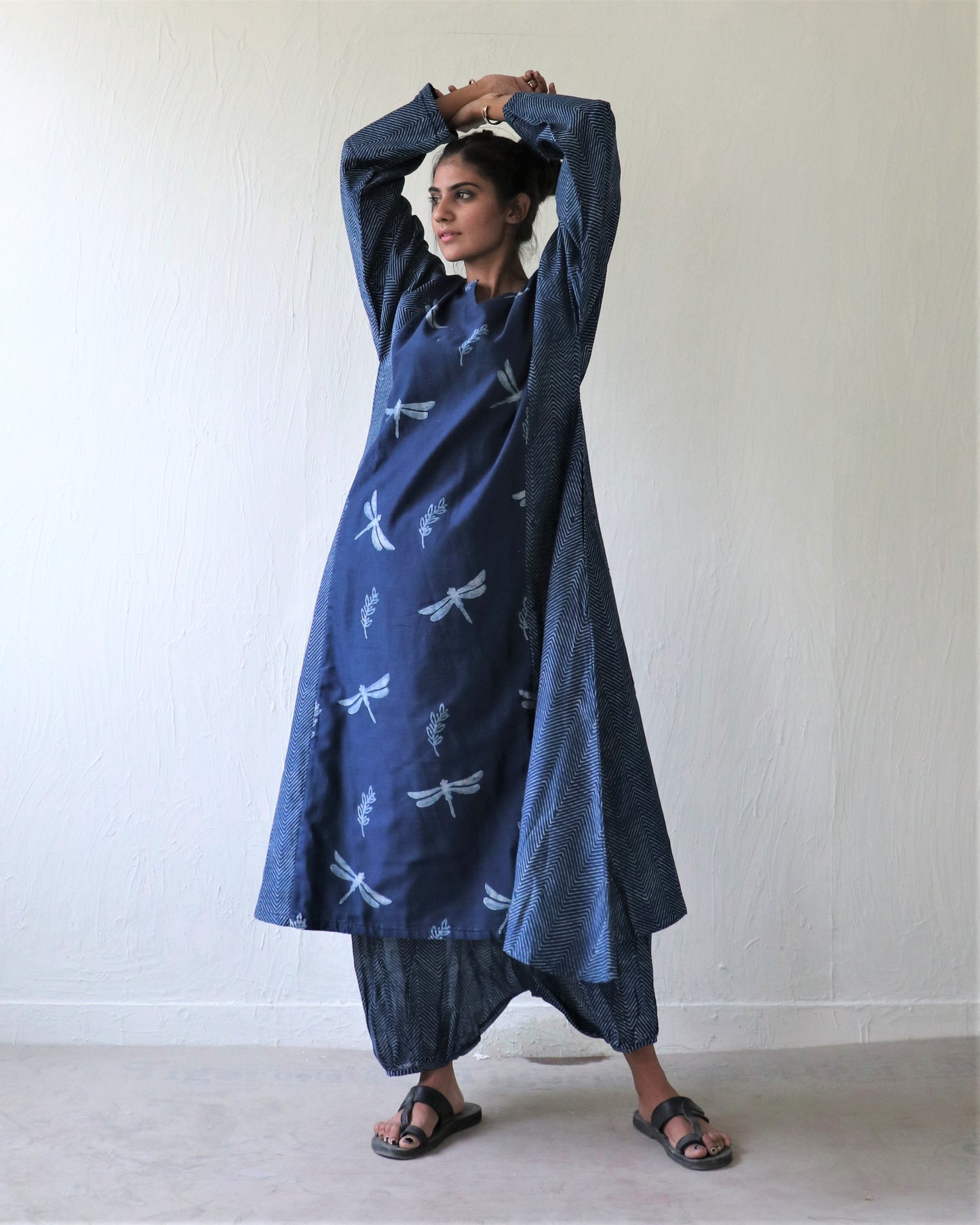 Chidiyaa Indigo Dragonfly Block Printed Chanderi Kurta - Ubs (Set of 2)
