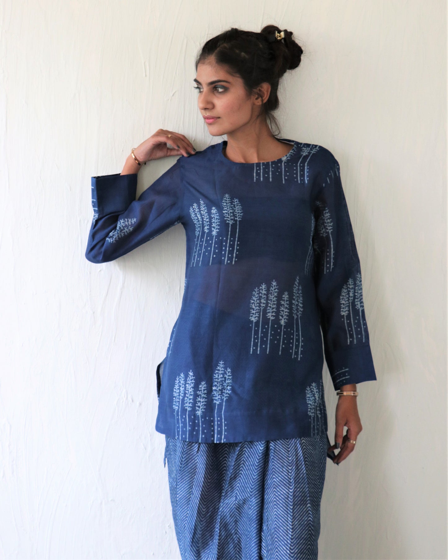 Chidiyaa Blue Conifer Block Printed Chanderi Top - Indigo