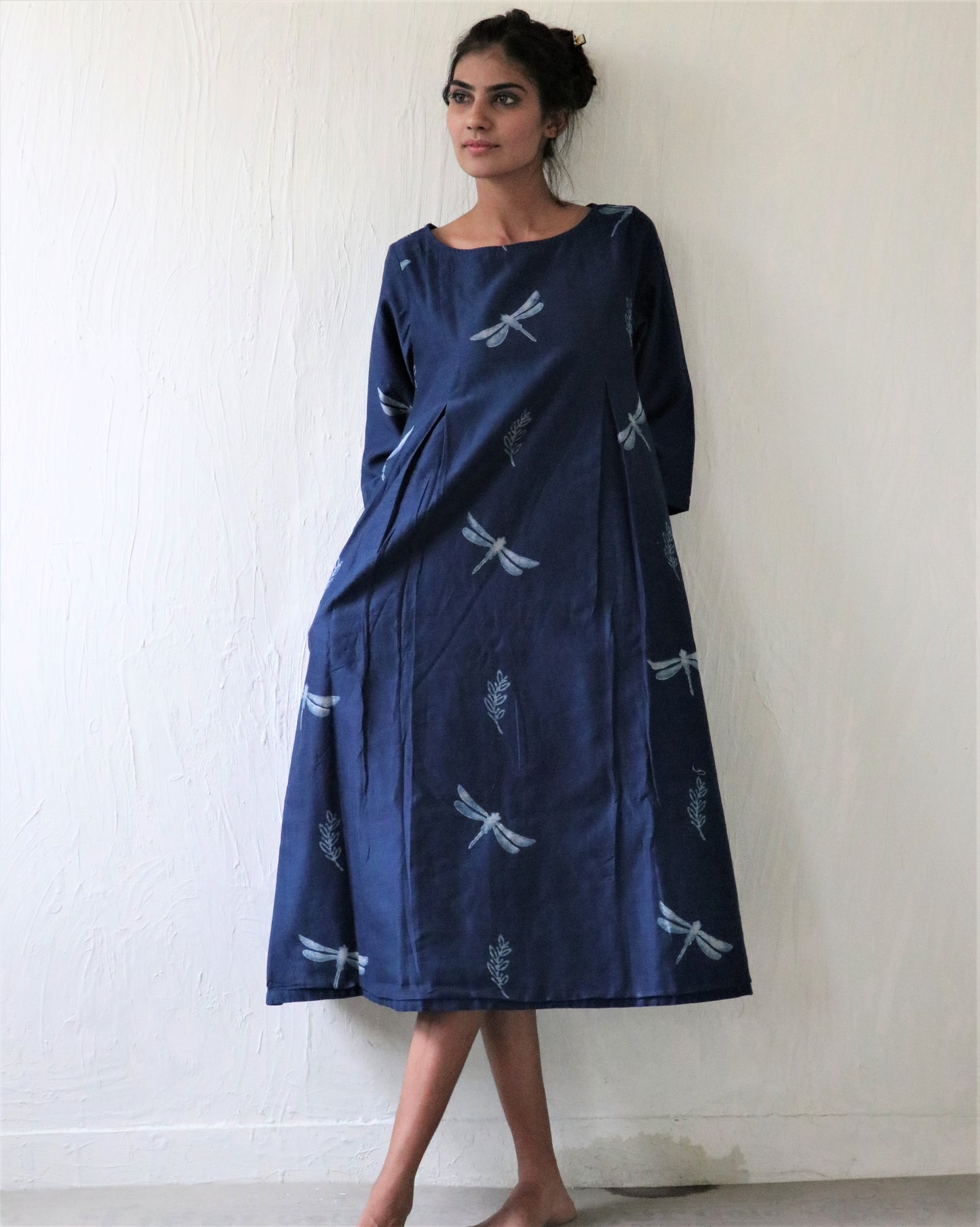 Chidiyaa Indigo Dragonfly Block Printed Chanderi Dress - Ubs