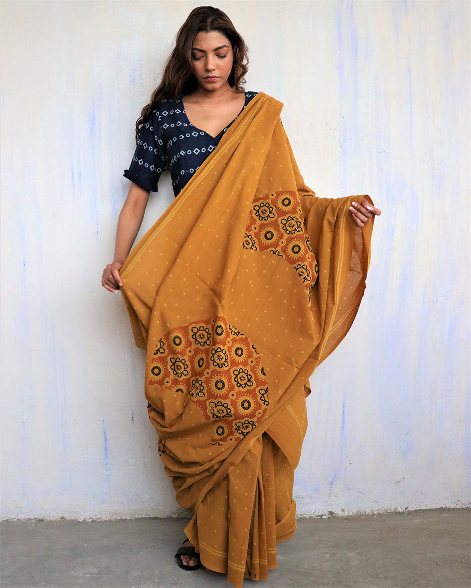 Chidiyaa Yellow Jarak Natural Dye Saree with Unstitched Blouse