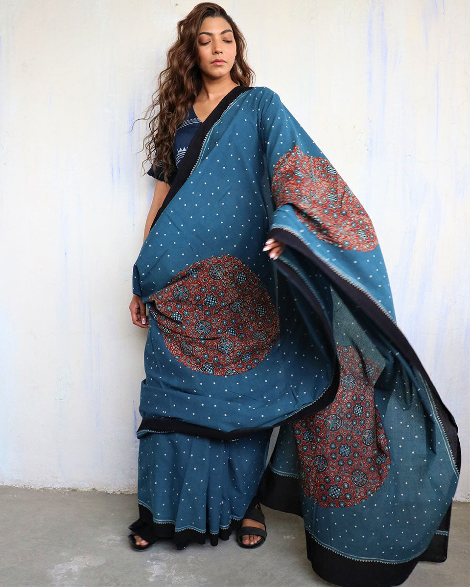 Chidiyaa Indigo Jarak Natural Dye Saree with Unstitched Blouse