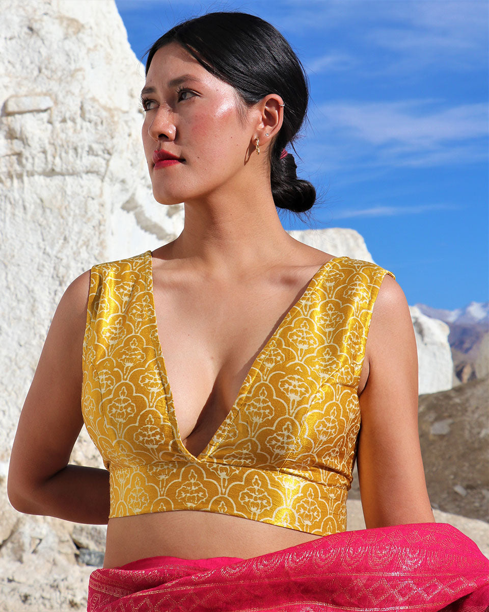 Chidiyaa Mustard Block Printed Mashru Silk Blouse Lagn