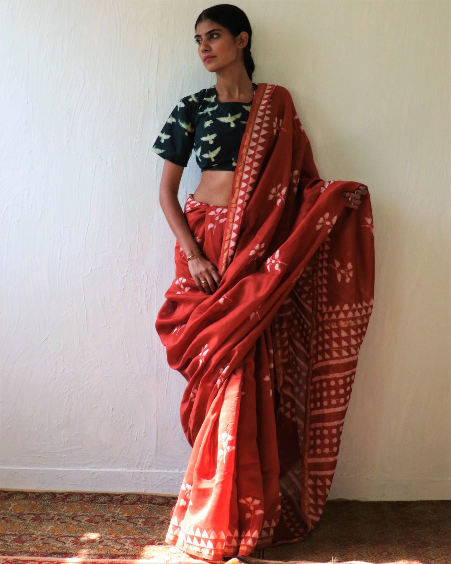 Chidiyaa Brick Red Bloom Block Printed Chanderi Saree with Unstitched Blouse - Soe