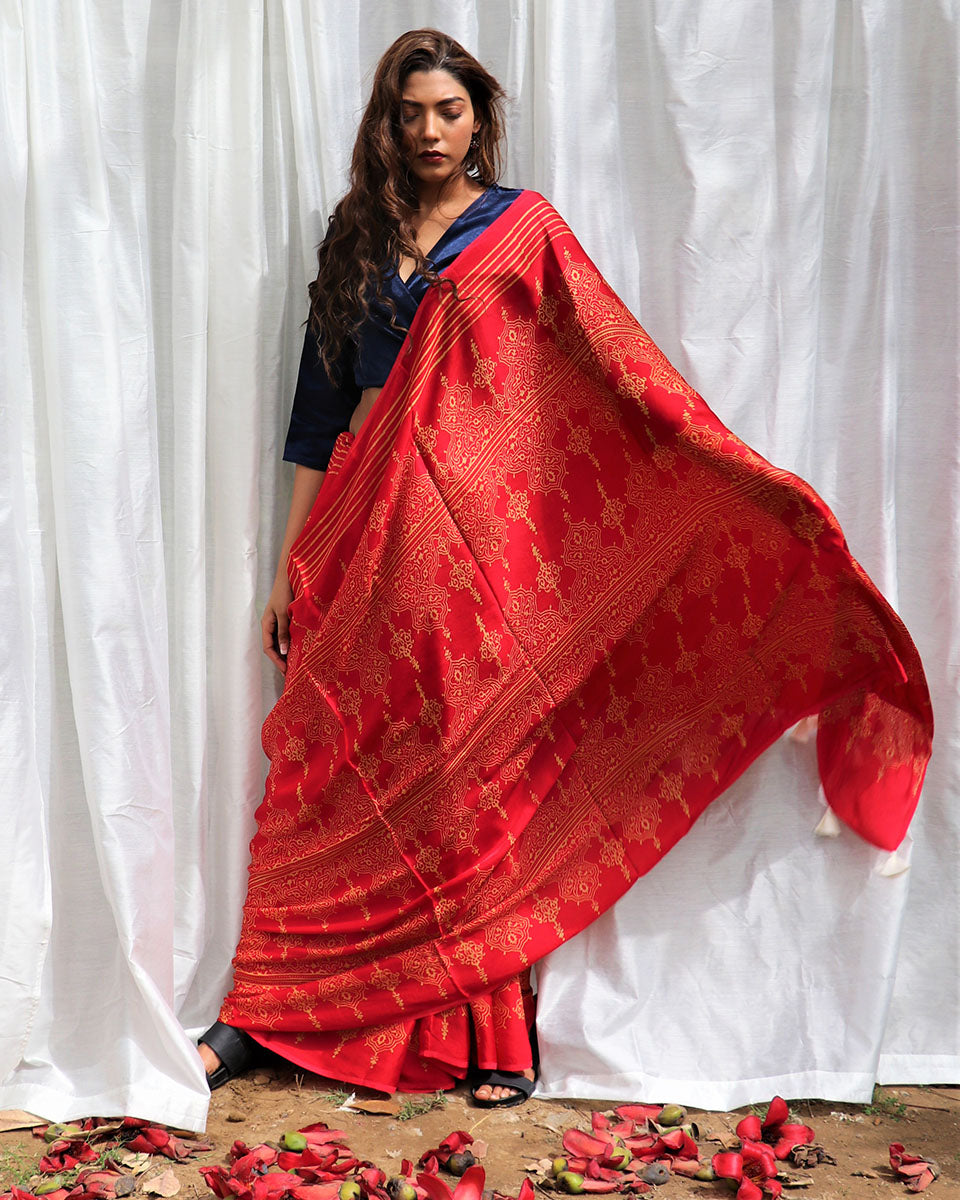 Chidiyaa Red Modal Silk Saree with Unstitched Blouse
