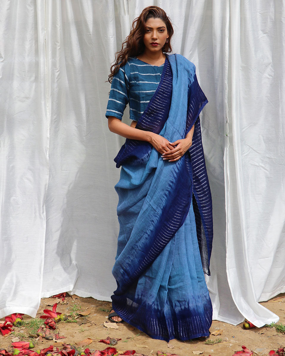 Chidiyaa Blue Cotton Saree with Unstitched Blouse