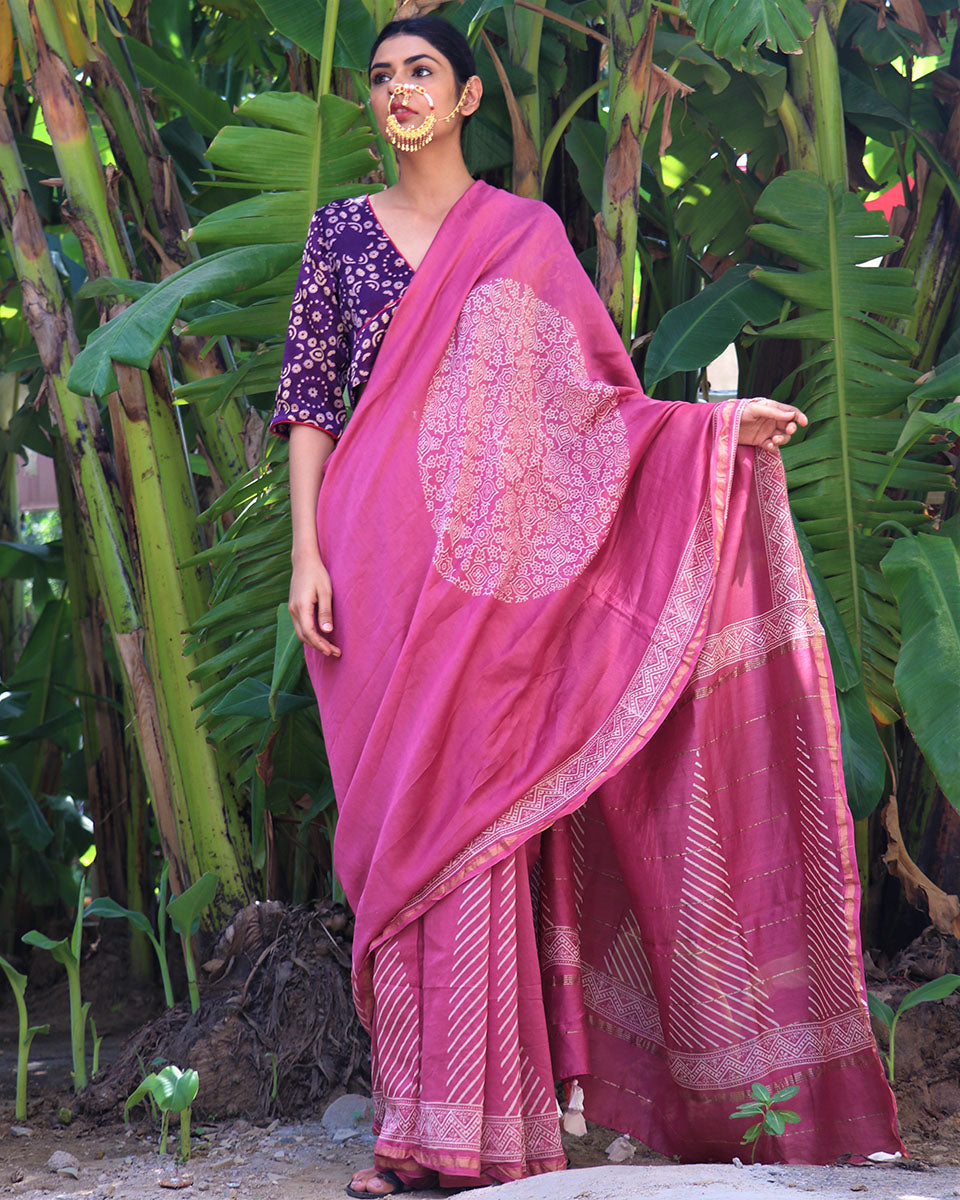 Chidiyaa Gulabi Chand Pink Block Printed Chandaria Saree with Unstitched Blouse