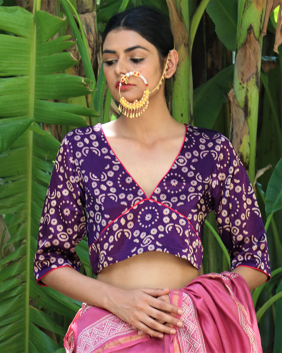 Chidiyaa Cosmos Aubergine Block Printed Mashu Silk Stitched Blouse