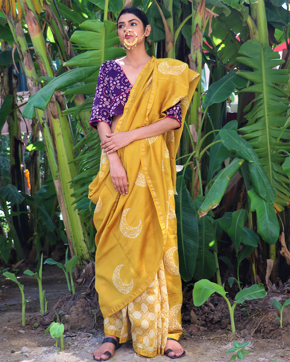 Chidiyaa Yellow Block Printed Chandaria Saree Chand Se with Unstitched Blouse