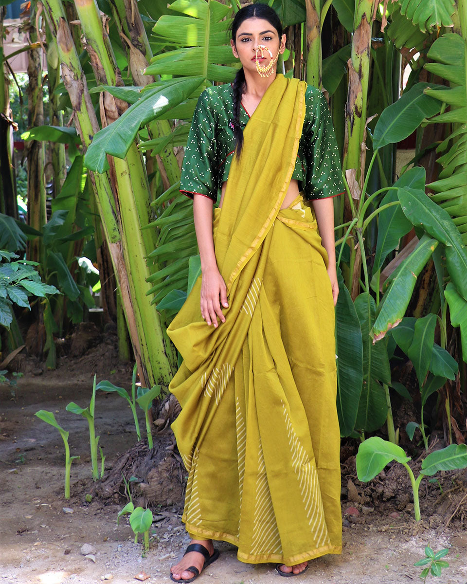 Chidiyaa Mustard Block Printed Chandaria Saree with Unstitched Blouse