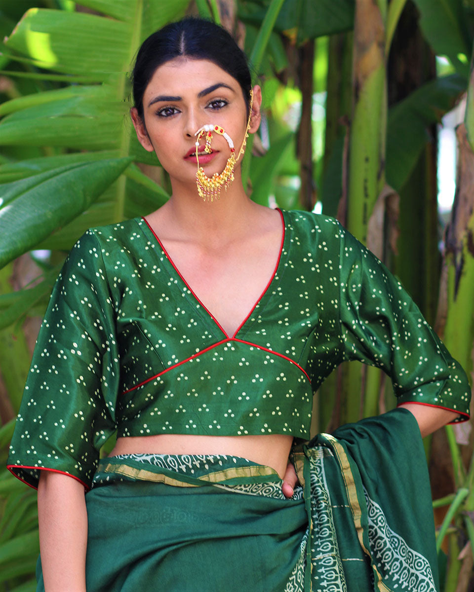 Chidiyaa Green Block Printed Mashu Silk Stitched Blouse