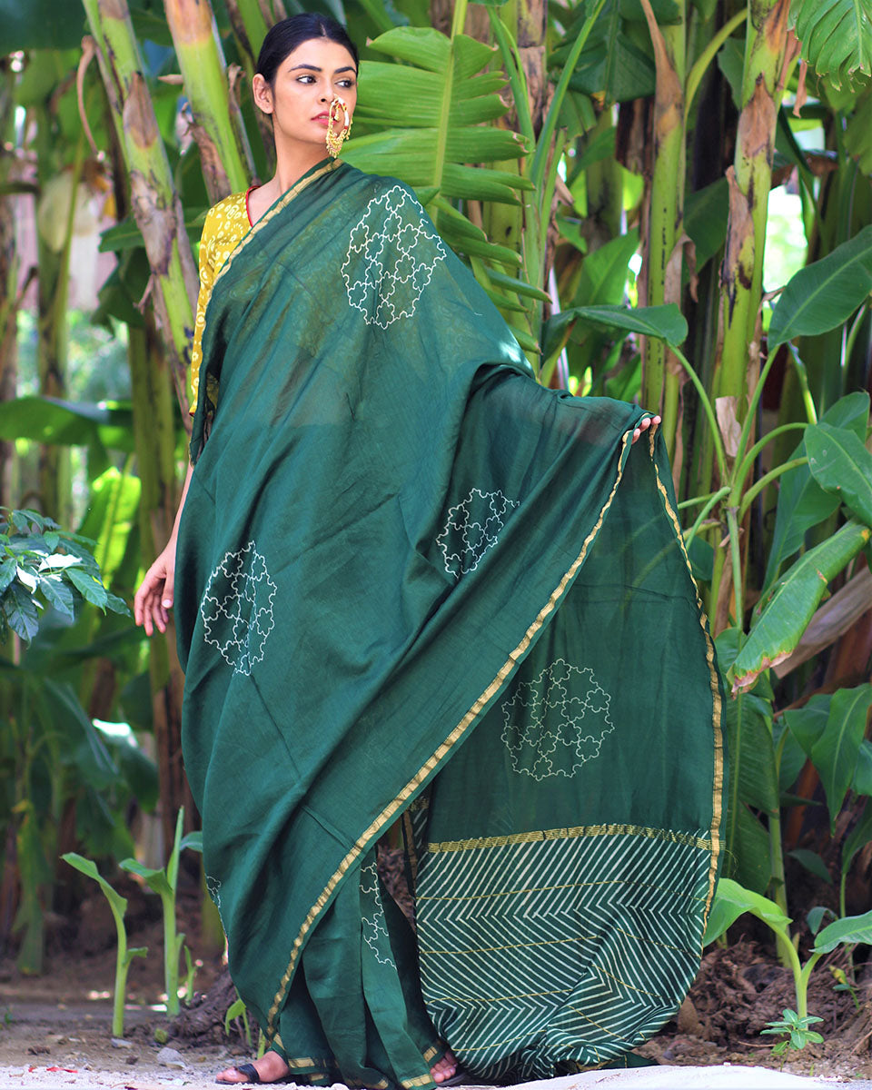 Chidiyaa Teal Block Printed Chandaria Saree with Unstitched Blouse