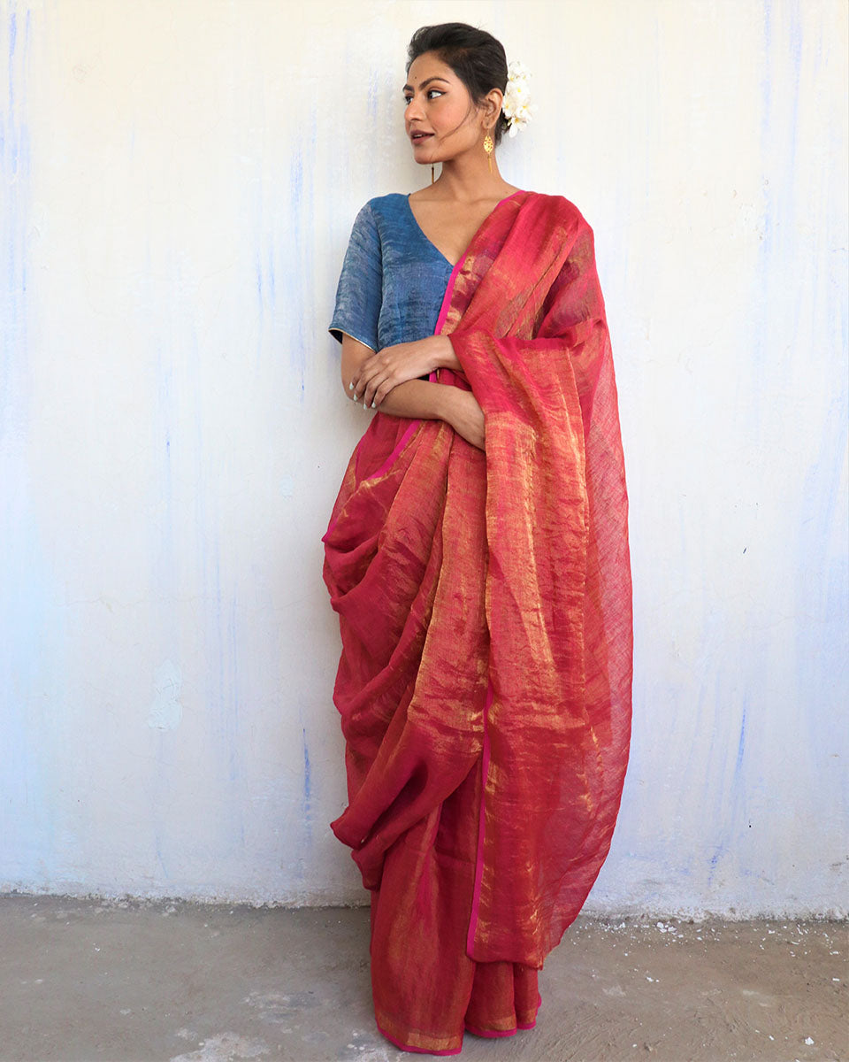 Chidiyaa Pink Linen Saree with Unstitched Blouse