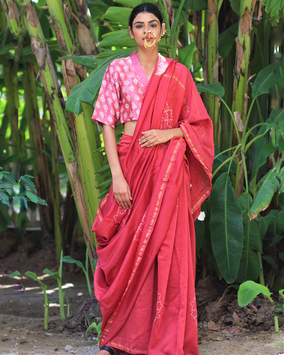 Chidiyaa New Moon Pink Block Printed Chandaria Saree with Unstitched Blouse