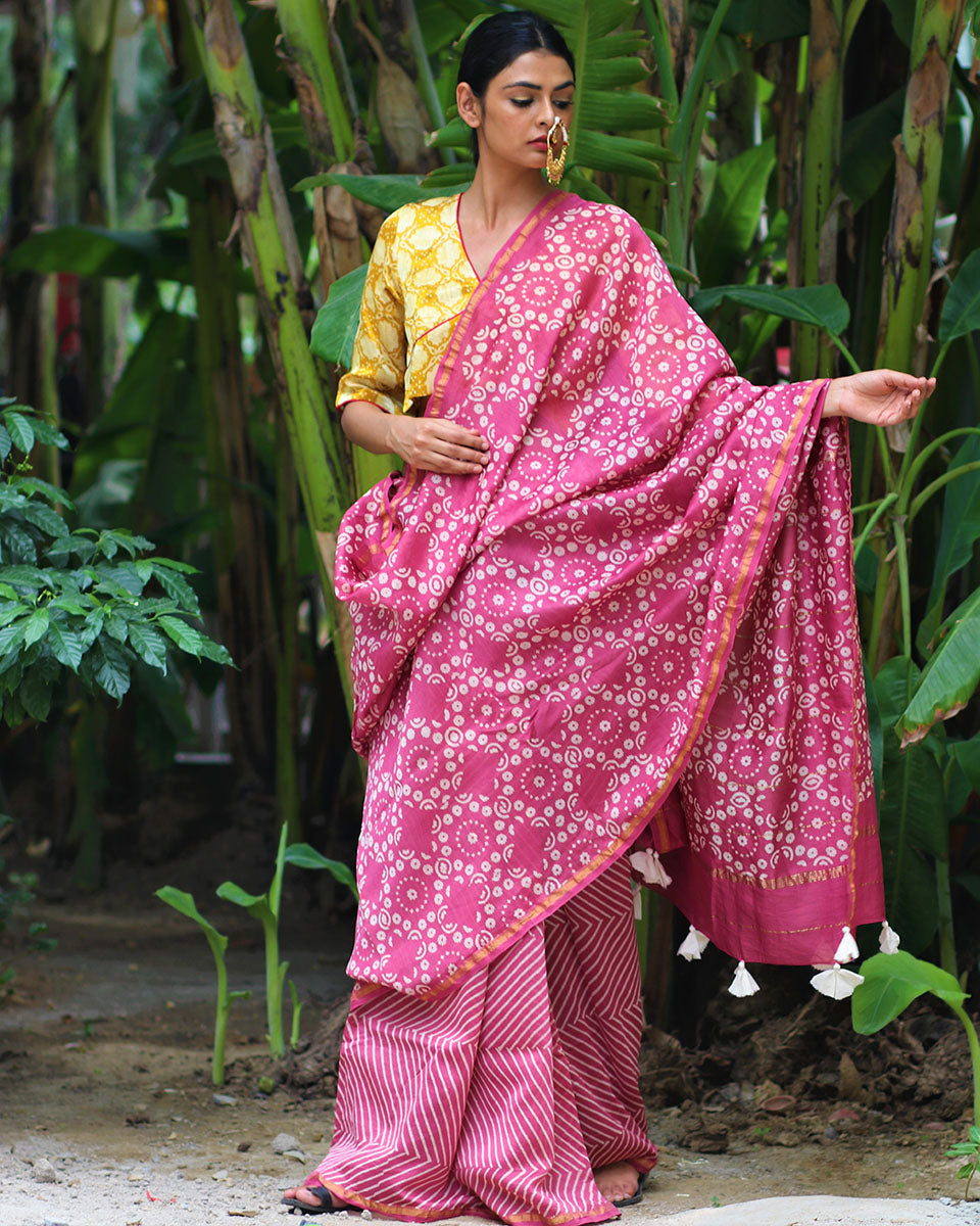 Chidiyaa Cosmos Pink Block Printed Chandaria Saree with Unstitched Blouse