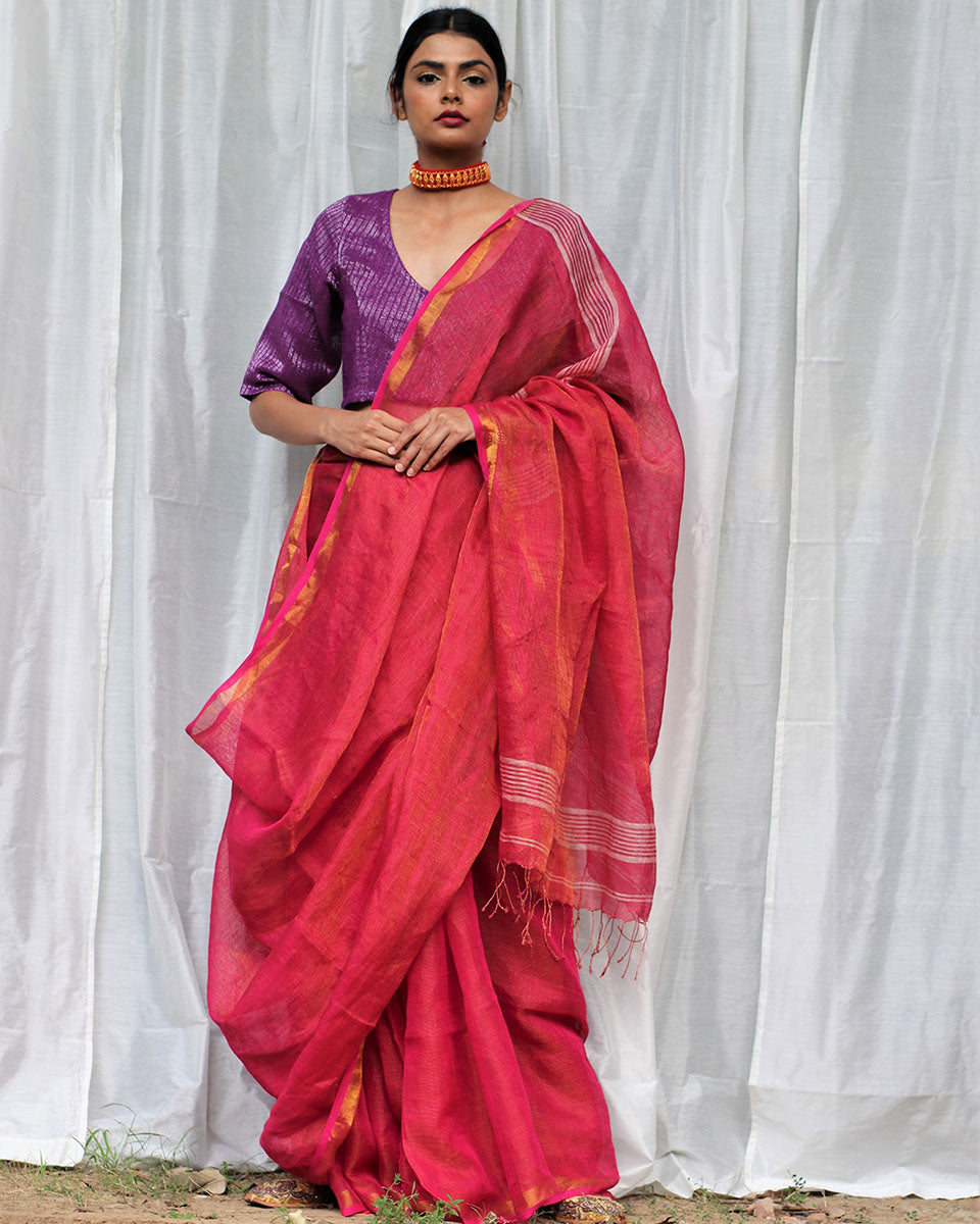 Chidiyaa Nalini Rani Handwoven Linen Zari Saree with Unstitched Blouse
