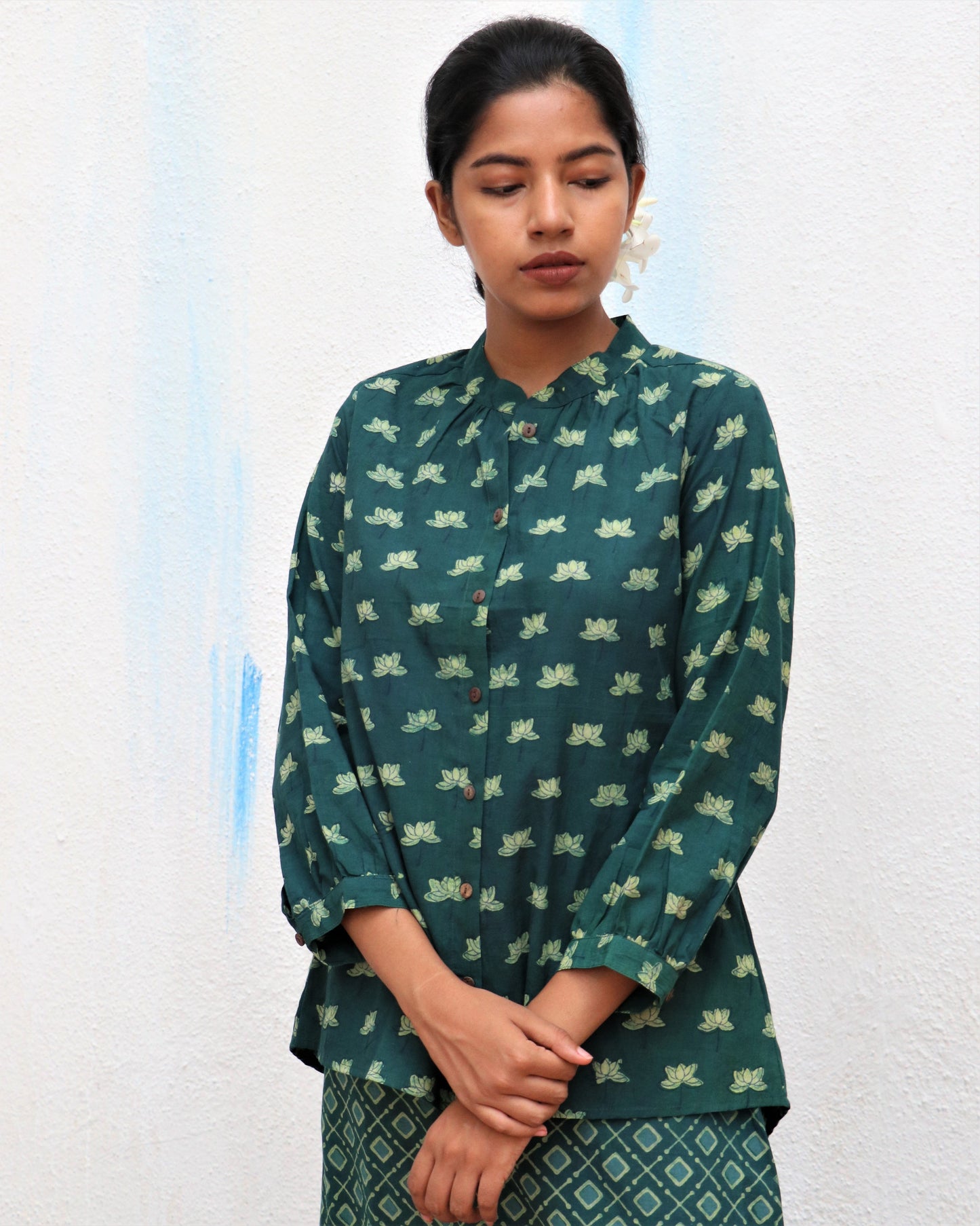 Chidiyaa Green Blossom Block Printed Cotton Shirt