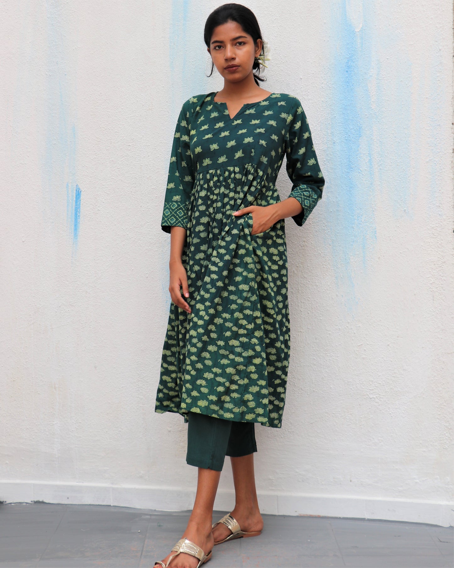 Chidiyaa Green Blossom Block Printed Cotton Kurta (Set of 2)