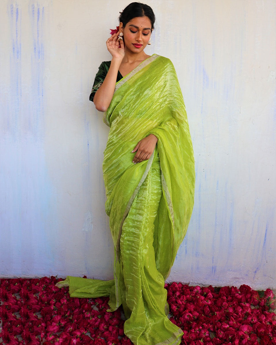 Chidiyaa Green Mulberry Silk Saree with Unstitched Blouse