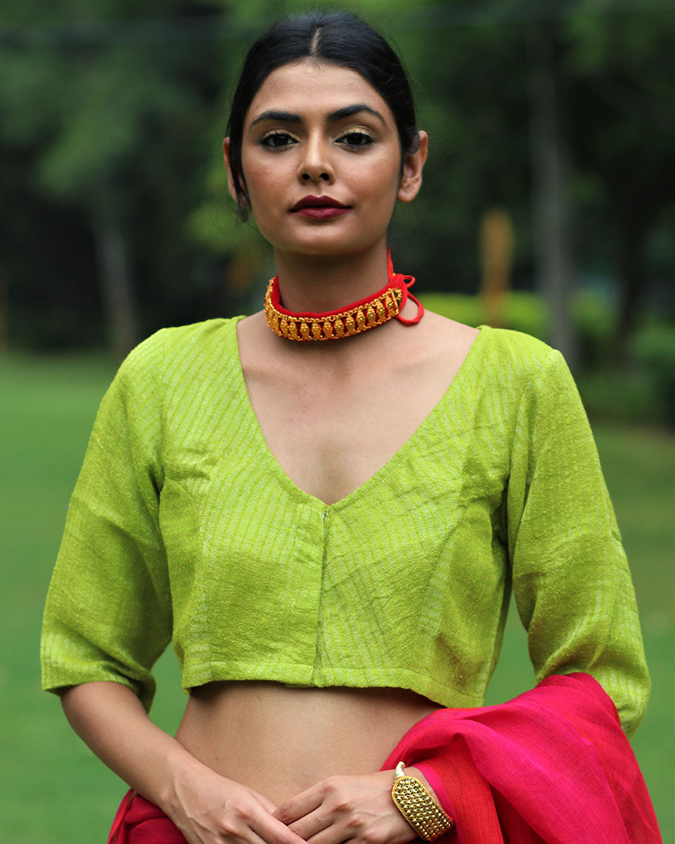 Chidiyaa Vivid Lime Green Handwoven Linen Zari Stitched Blouse