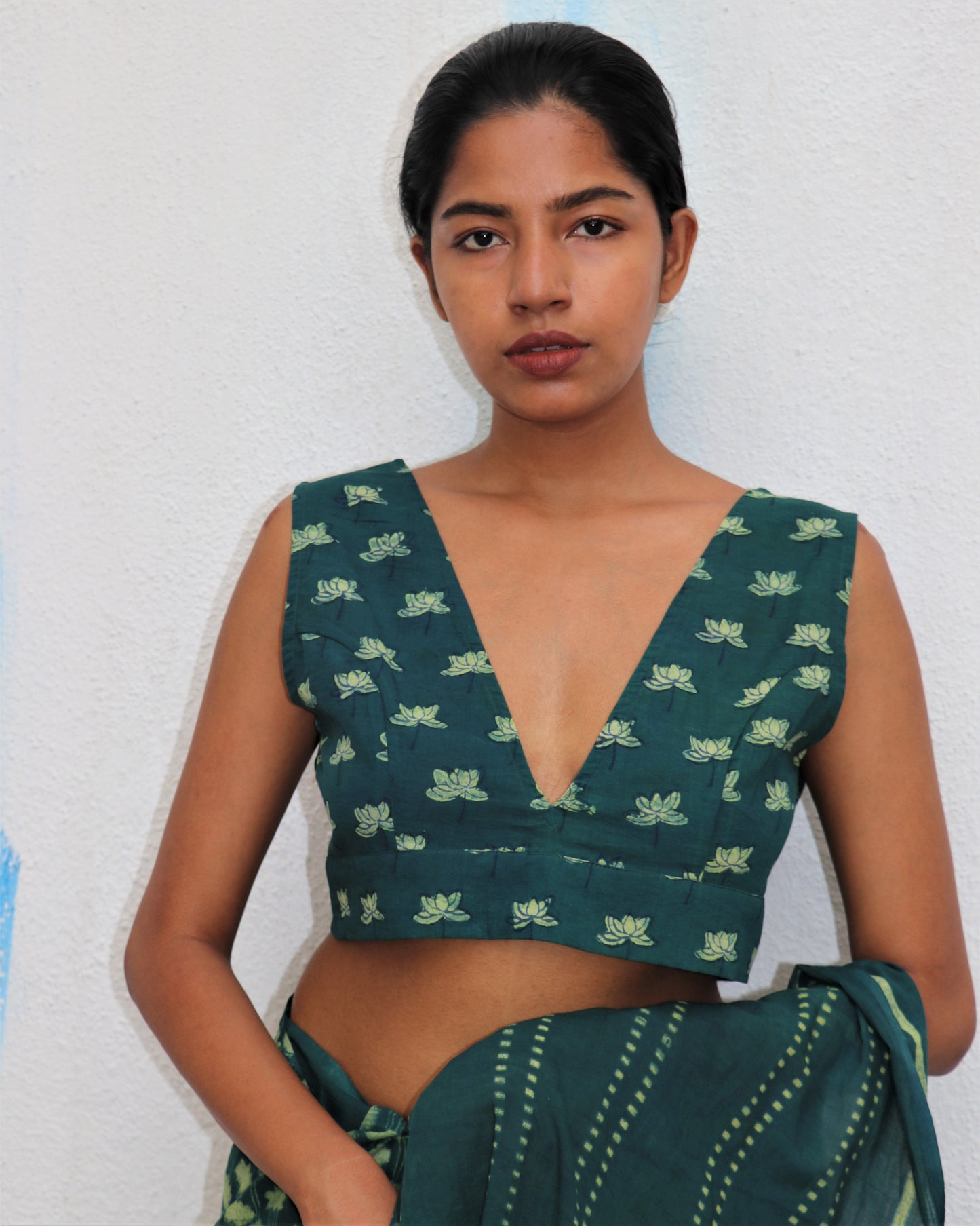 Chidiyaa Green Bloom Block Printed Cotton Blouse