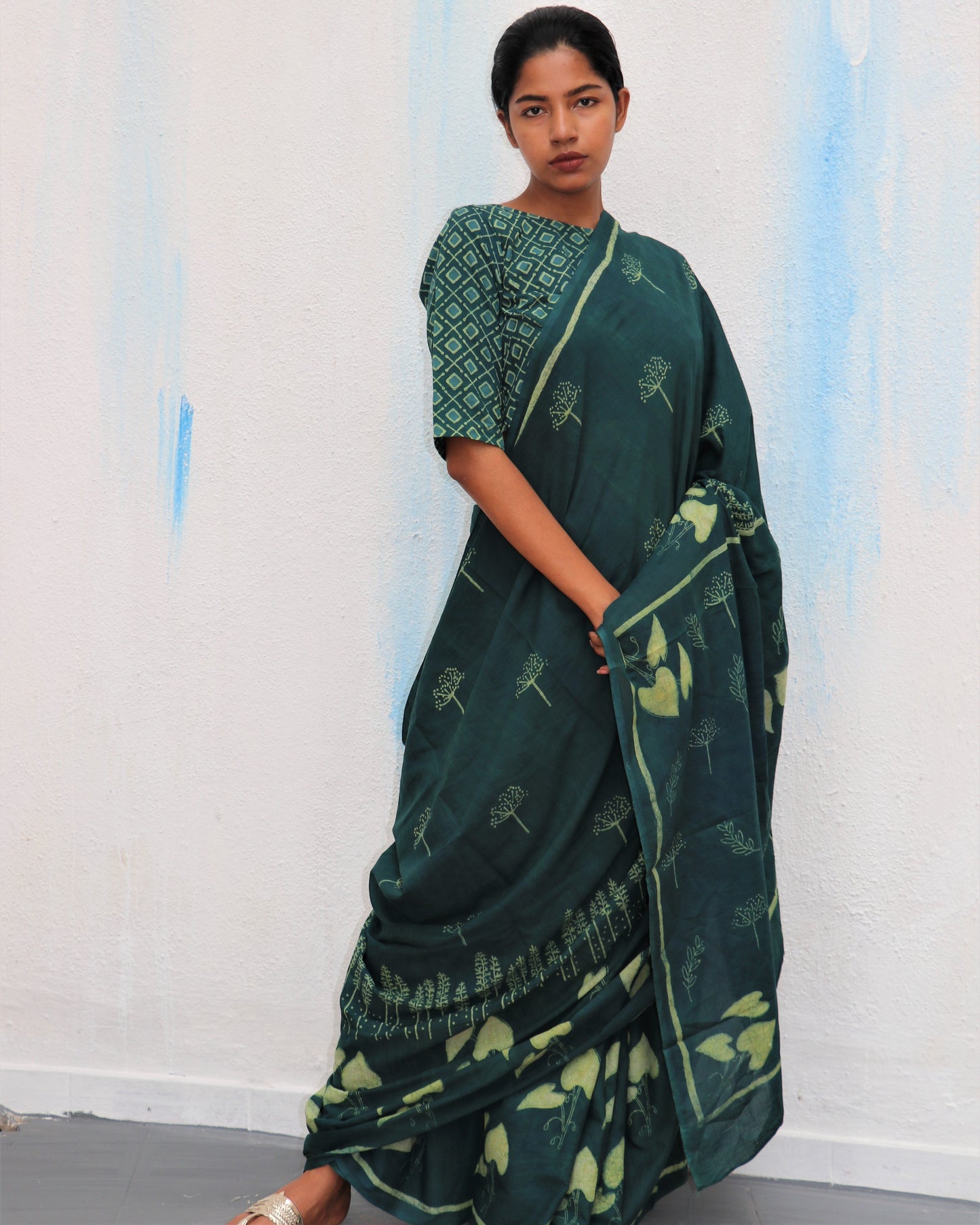 Chidiyaa Green Bloom Printed Cotton Saree with Unstitched Blouse