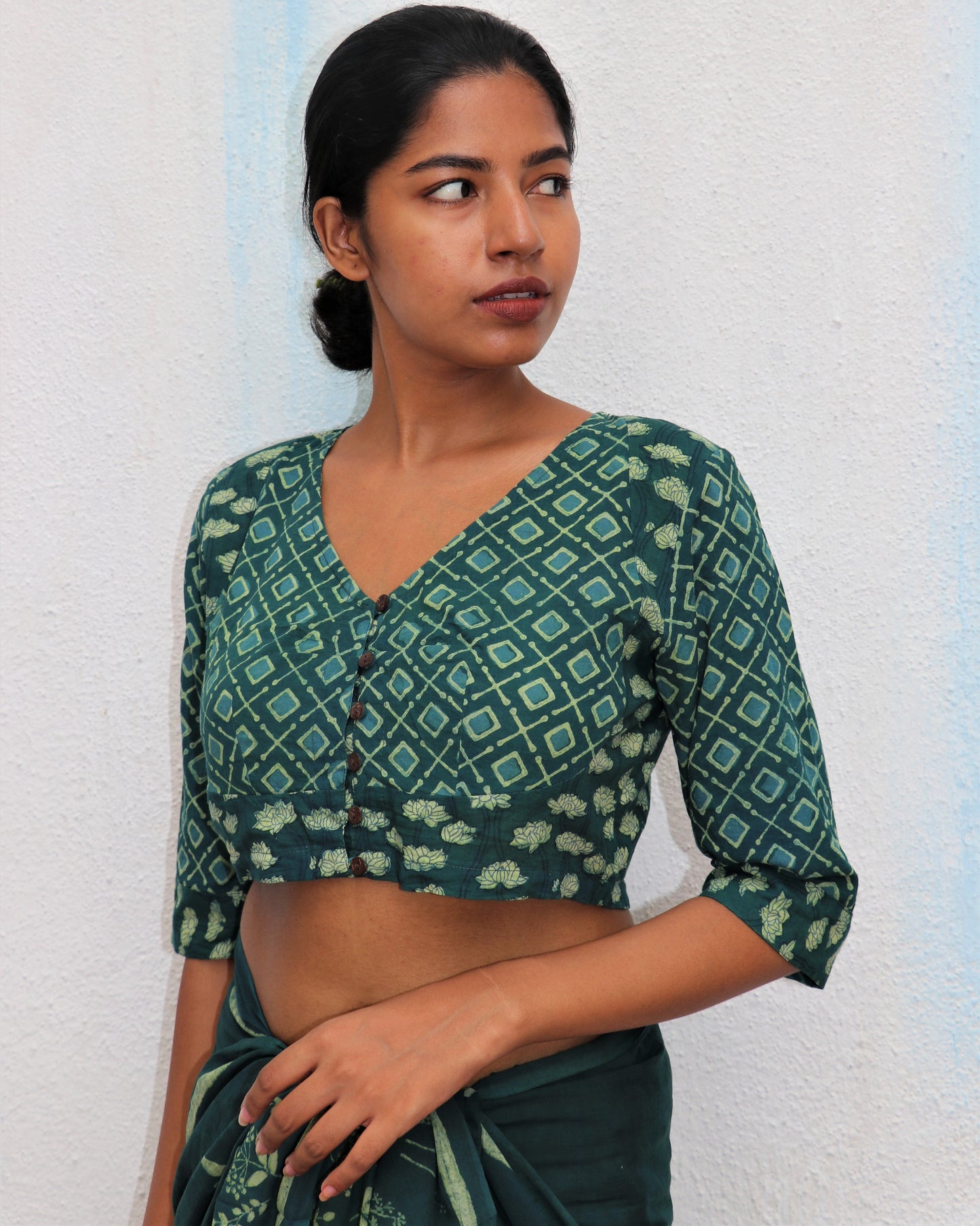 Chidiyaa Green Diamond Bloom Printed Cotton Blouse