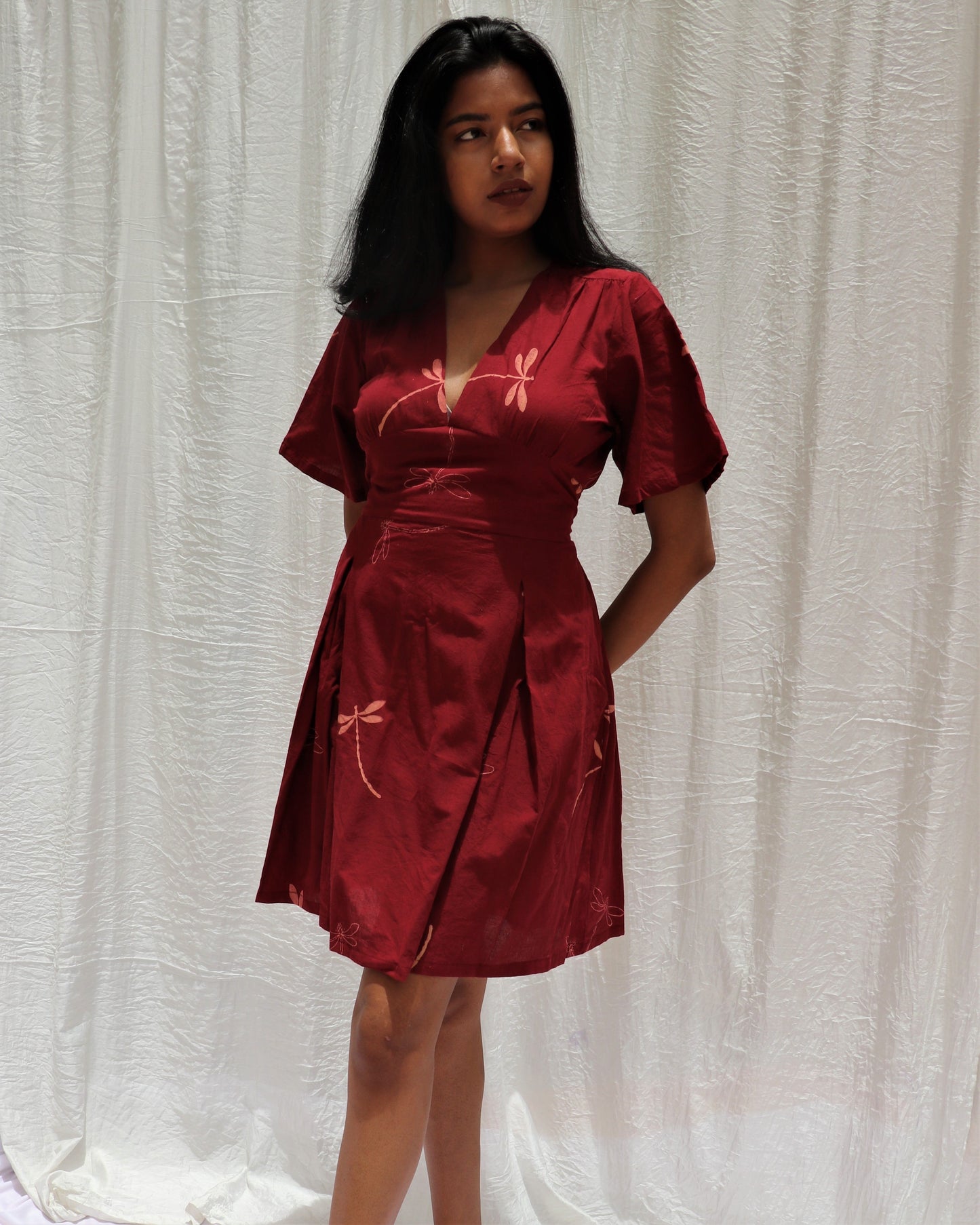 Chidiyaa Maroon Dragonfly Printed Cotton Dress Symphony