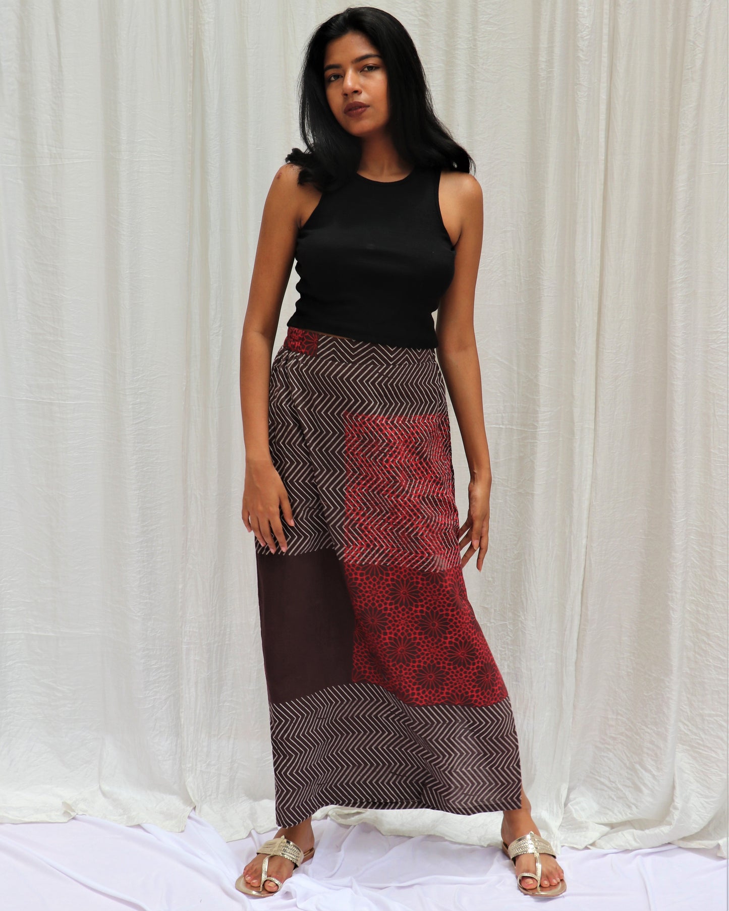 Chidiyaa Maroon Brown Printed Cotton Slit Skirt Symphony