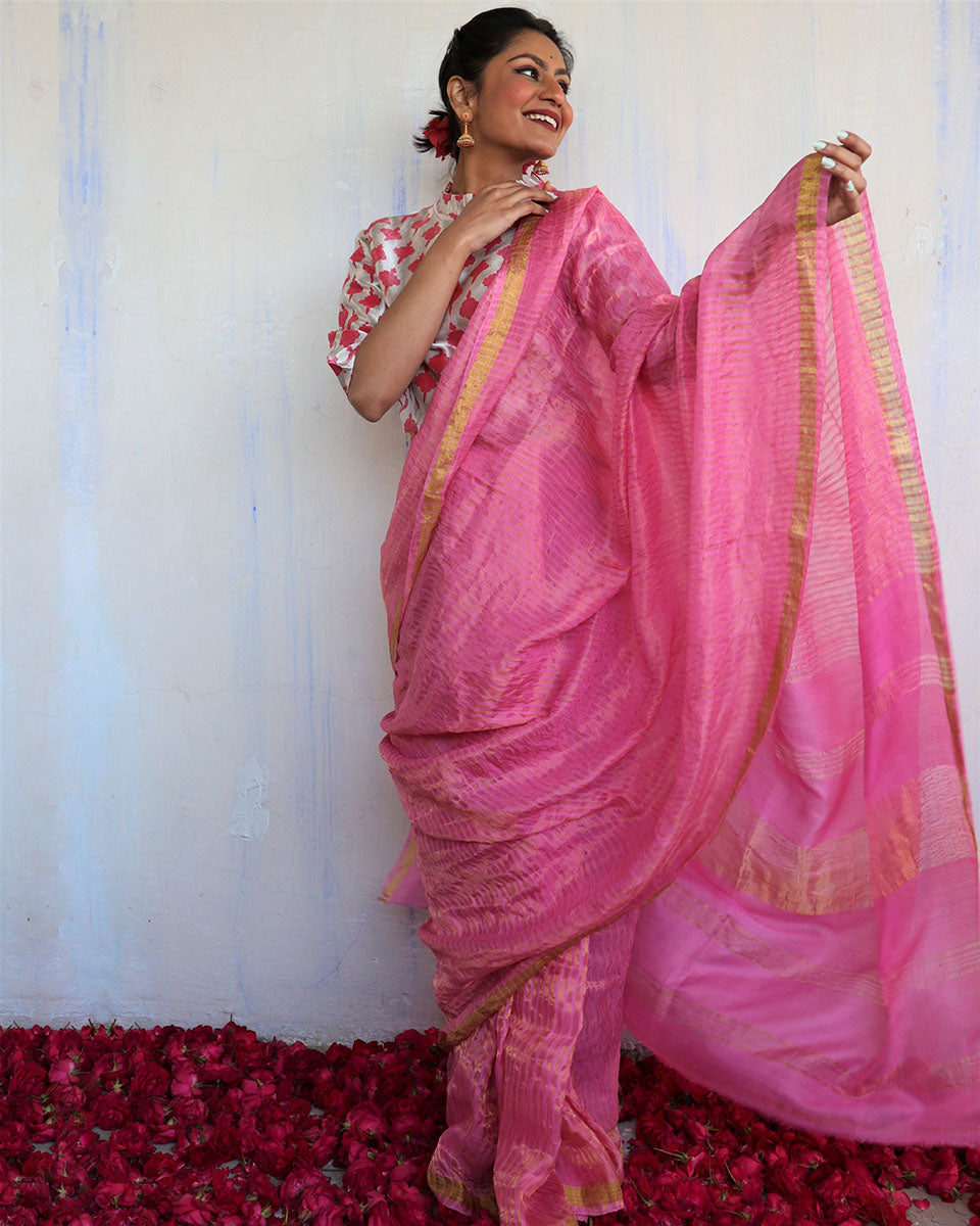 Chidiyaa Pink Cotton Saree with Unstitched Blouse