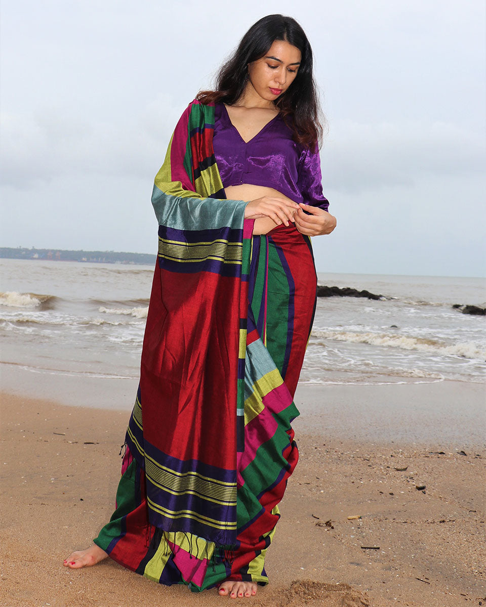 Chidiyaa Handwoven Cotton Red Rainbow Saree with Unstitched Blouse