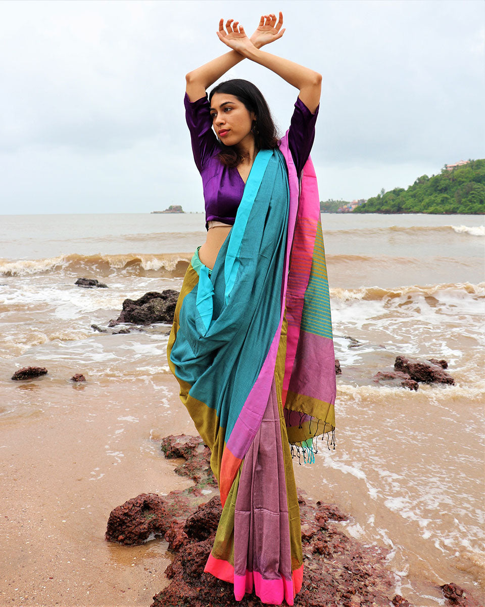 Chidiyaa Handwoven Cotton Sky Blue Rainbow Saree with Unstitched Blouse