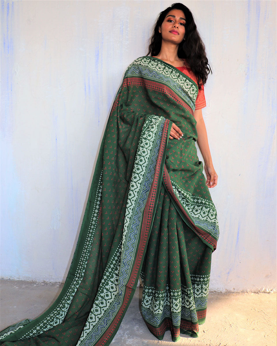 Chidiyaa Green Block Printed Cotton Mumu Saree with Unstitched Blouse